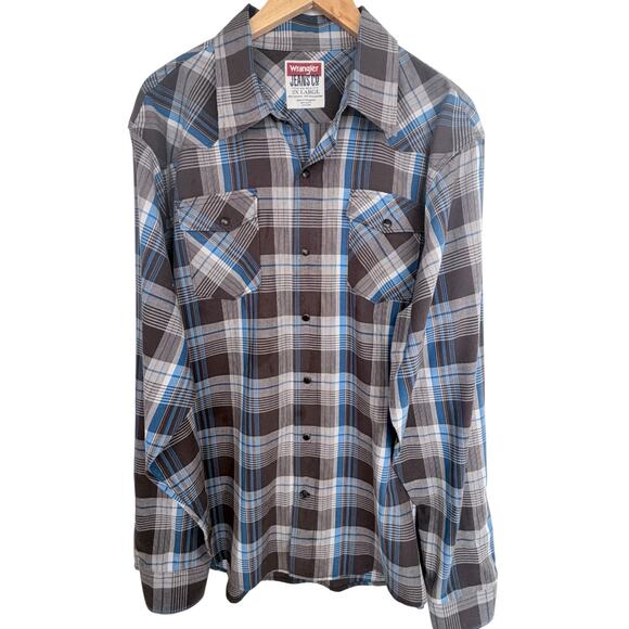 Wrangler Other - Wrangler Jeans Co Pearl Snap Western Shirt Mens 2XL Gray Blue Plaid Long Sleeve